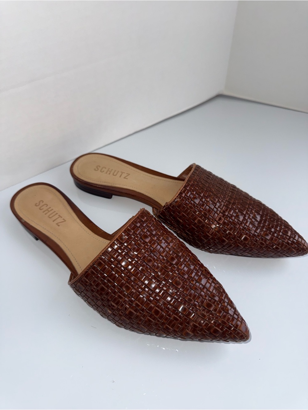 SCHUTZ Brown Woven Pointed-Toe Mule Flats